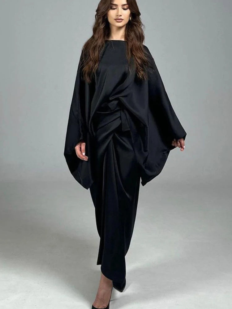 Satin Bat Sleeve Shirt & Skirt Set